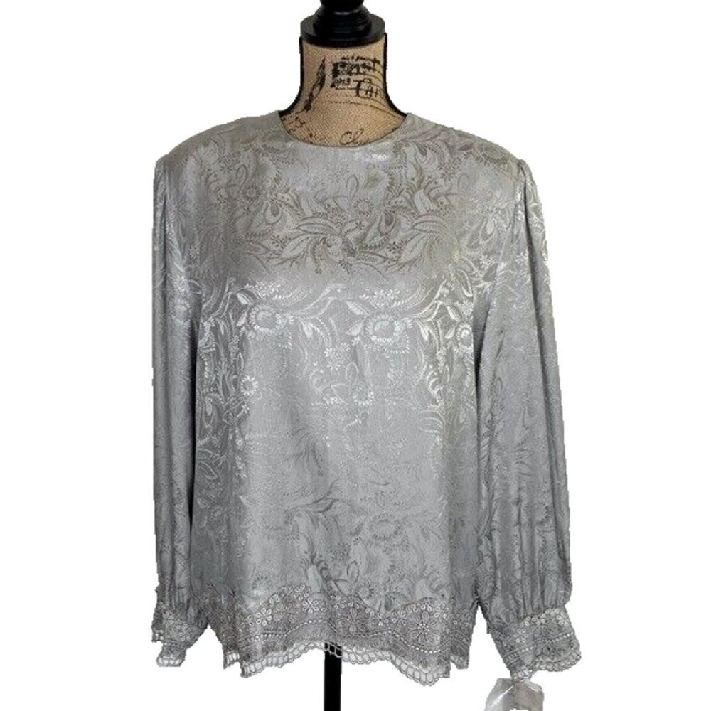 Brownstone Studio Silk Top‎ Size 20 Floral Embroidered Crochet Hem Gray Vintage